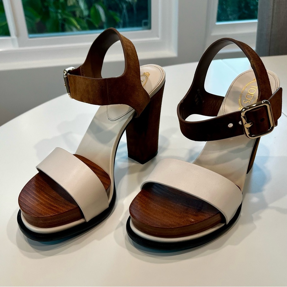 Tods Leather Platform Sandals Brown and White - Picture 12 of 12